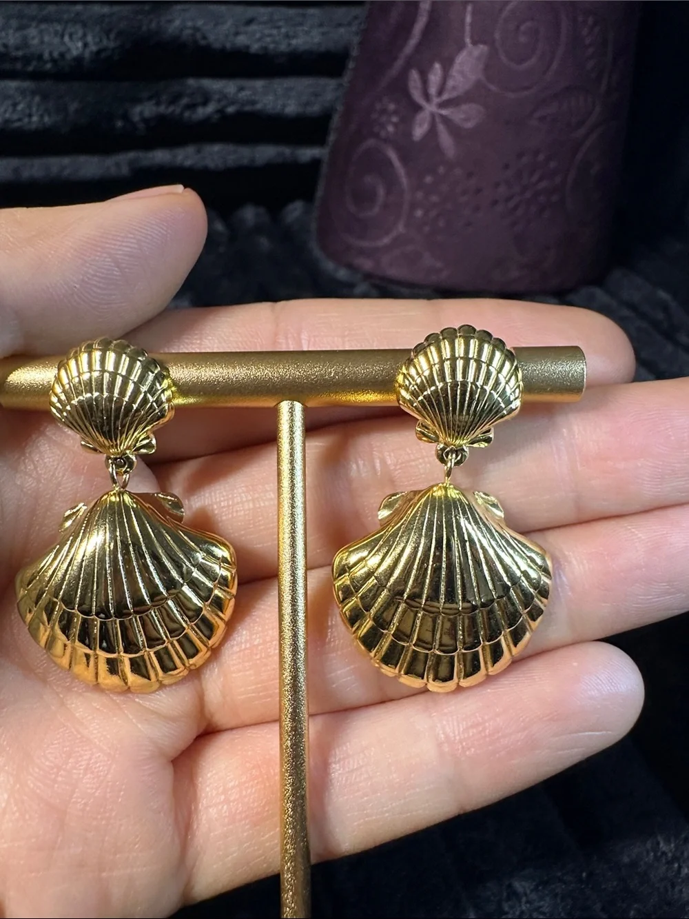Kenneth Jay Lane Gold Shell Double-Drop Earrings - Picture 2 of 8